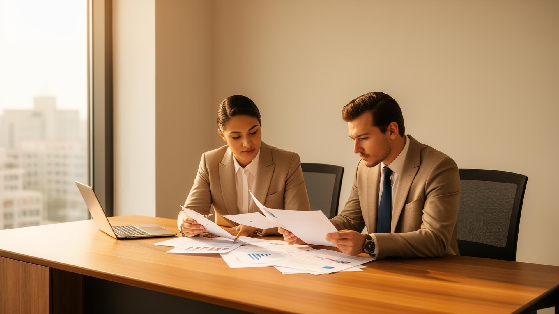 Two financial advisors reviewing client documents